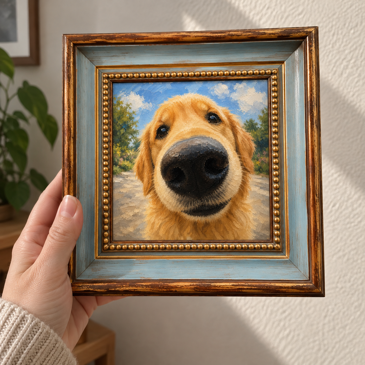 Framed oil painting of a golden retriever with a playful fisheye perspective.
