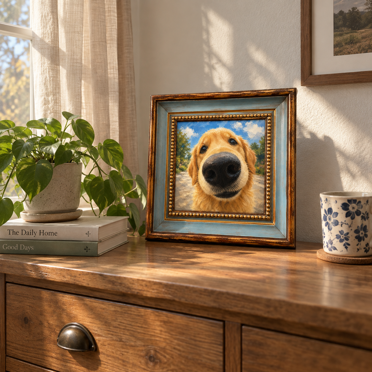 Framed oil painting of a golden retriever with a playful fisheye perspective.