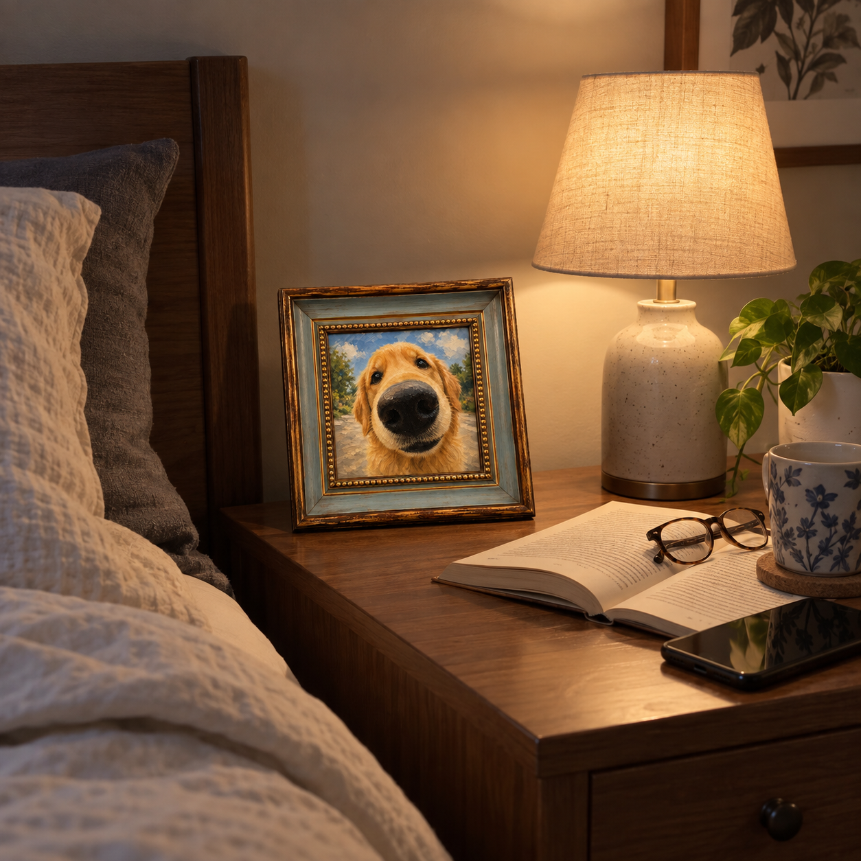 Framed oil painting of a golden retriever with a playful fisheye perspective.