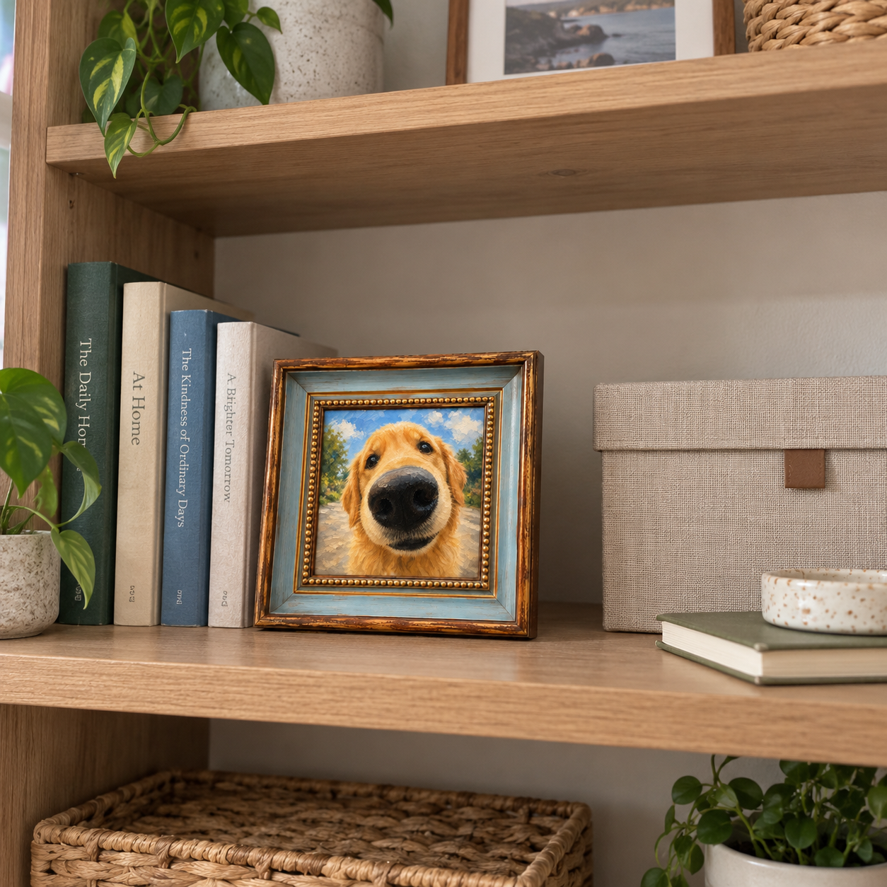 Framed oil painting of a golden retriever with a playful fisheye perspective.