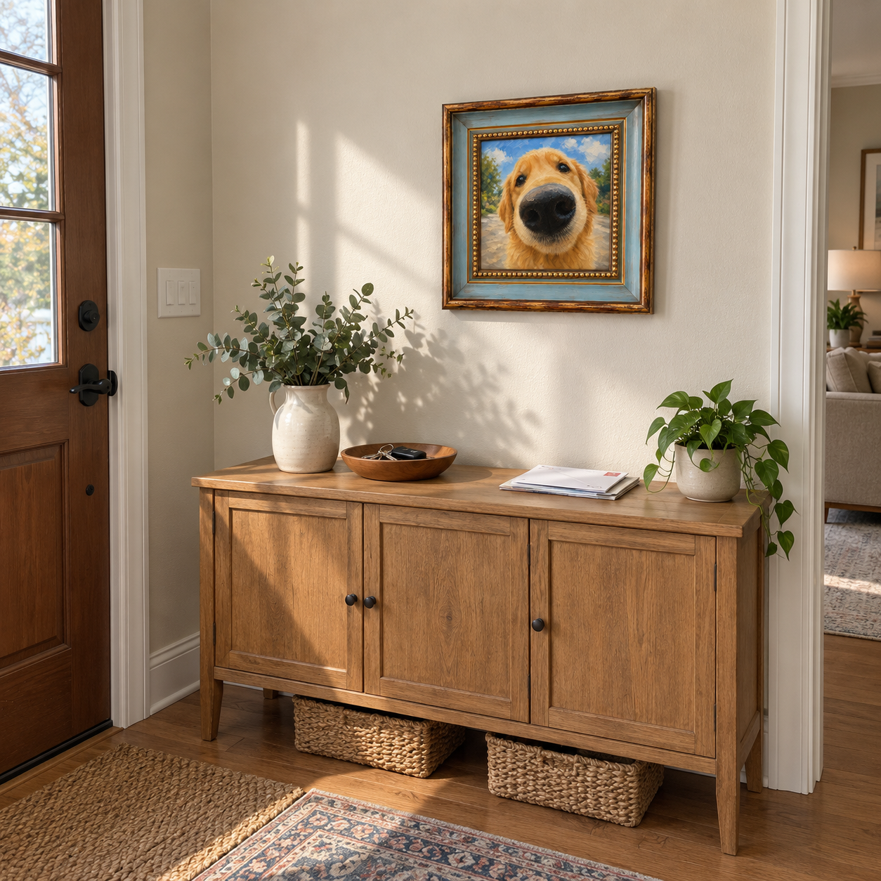 Framed oil painting of a golden retriever with a playful fisheye perspective.