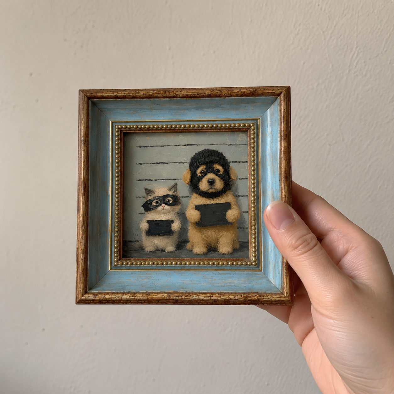 Framed oil painting of a Golden Retriever puppy and Ragdoll kitten wearing matching dark outfits and masks, held in a hand.