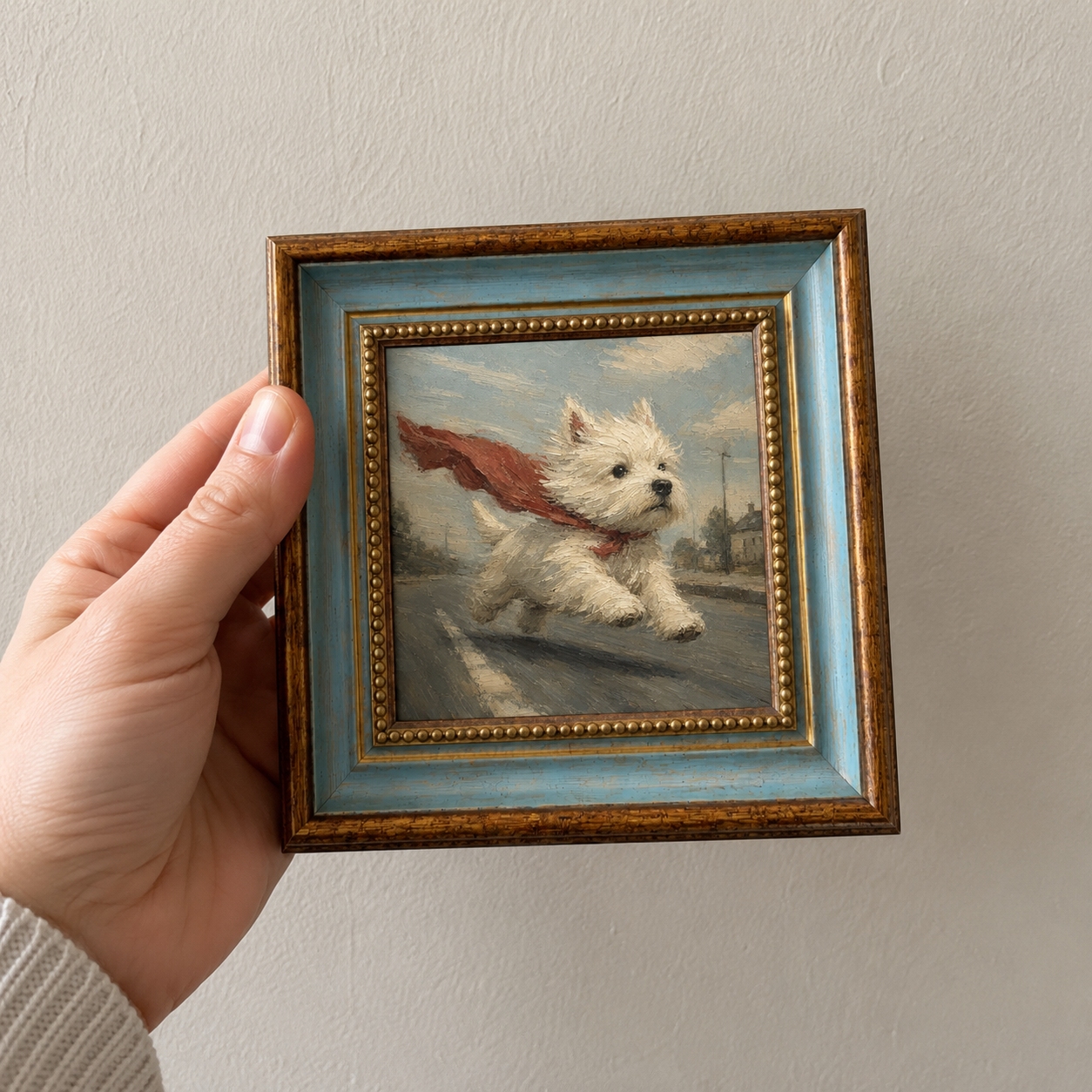 Framed oil painting of a West Highland white terrier running in a red superhero cape, held in a hand.
