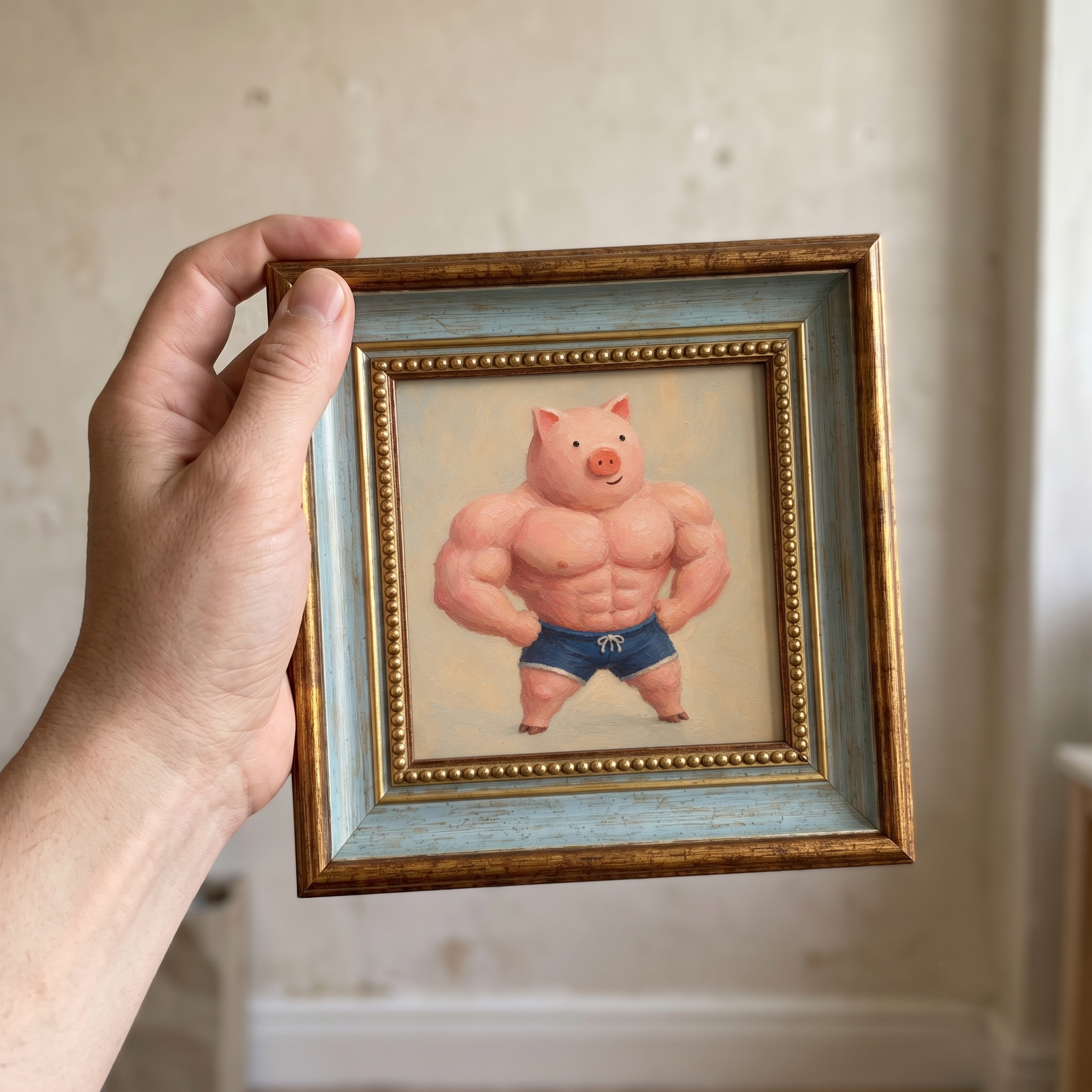 Muscular Pink Pig Oil Painting – Funny Gym Wall Art