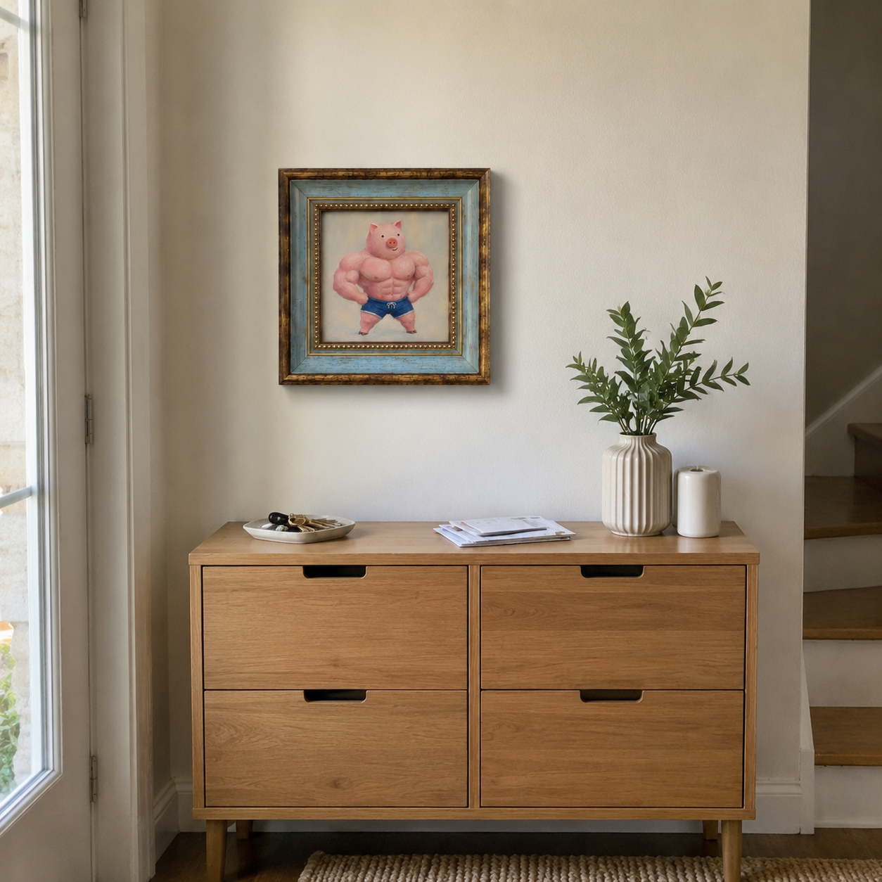 Muscular Pink Pig Oil Painting – Funny Gym Wall Art - Image 2