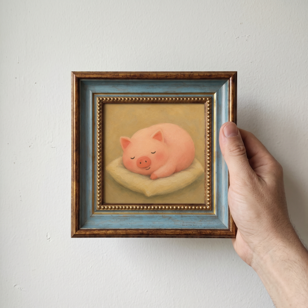 Sleeping Pink Pig Oil Painting – Cozy Animal Wall Art