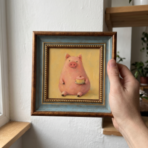 Birthday Pig Oil Painting – Framed Pink Pig Wall Art