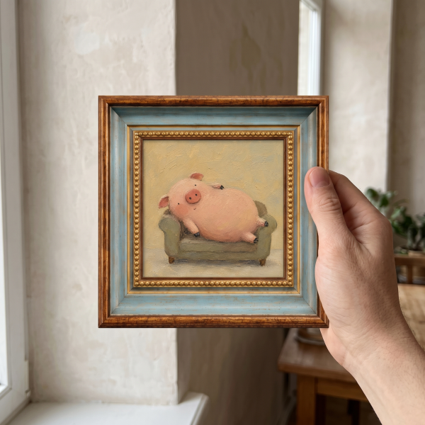 Pink Pig on a Sofa Oil Painting – Funny Animal Wall Art