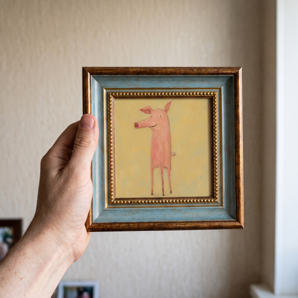 Tall Pink Pig Oil Painting – Quirky Animal Wall Art