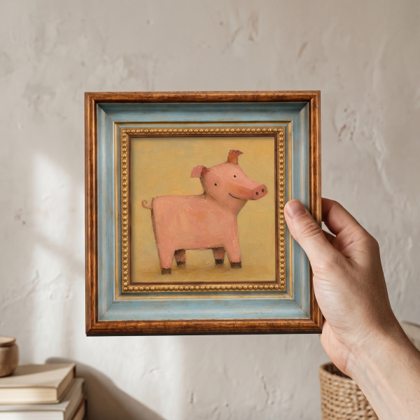 Standing Pink Pig Oil Painting – Whimsical Animal Wall Art