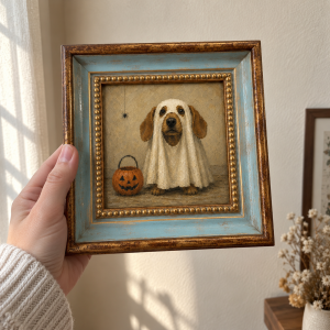 Beagle Ghost Oil Painting – Halloween Dog and Pumpkin Art