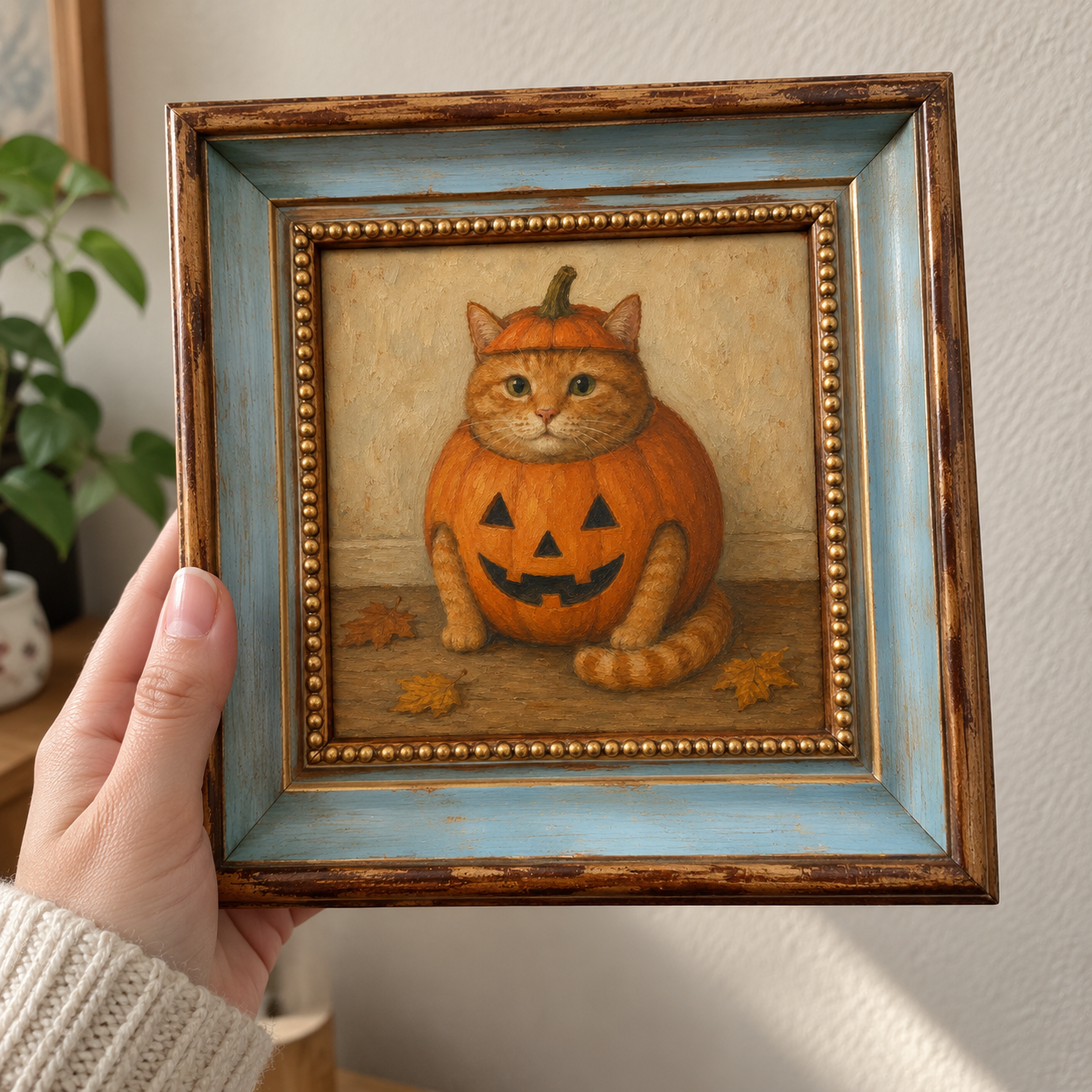Orange Tabby Pumpkin Oil Painting – Halloween Cat Wall Art