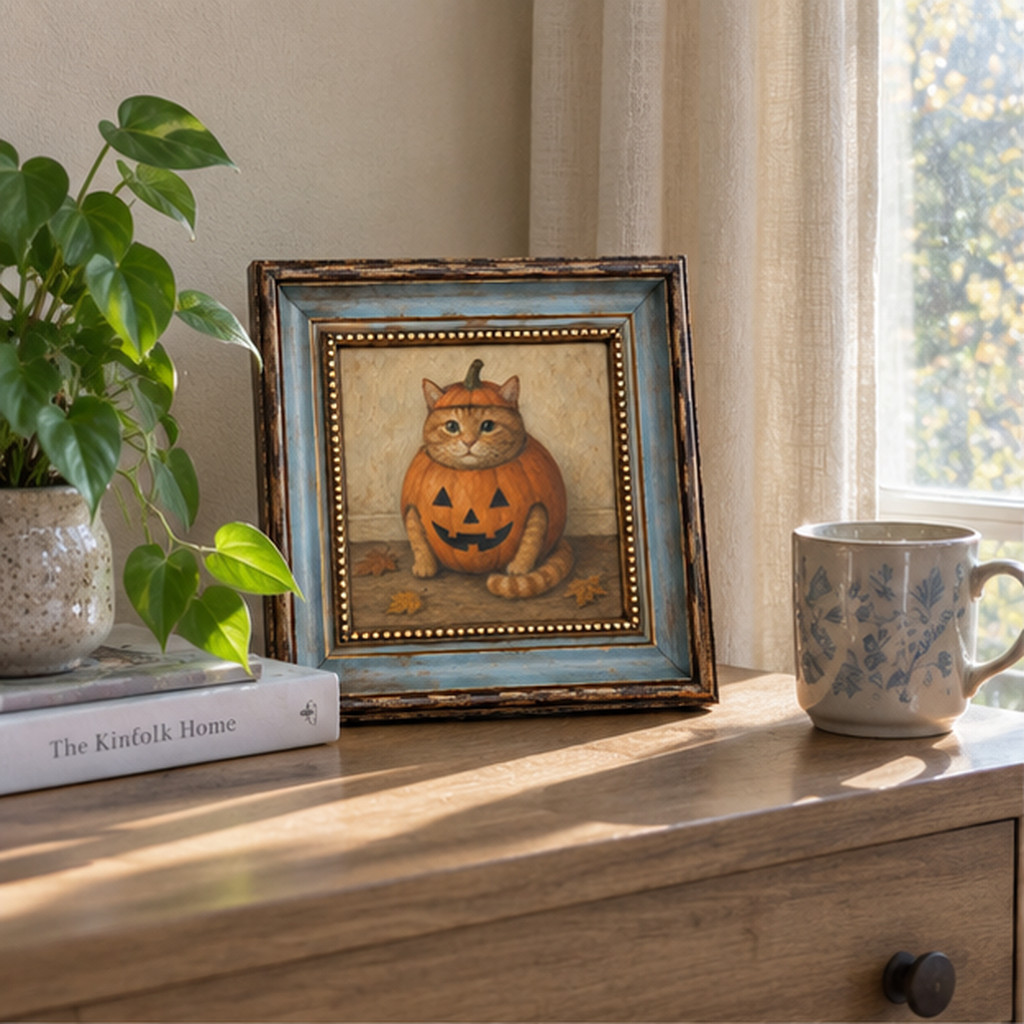 Orange Tabby Pumpkin Oil Painting – Halloween Cat Wall Art - Image 2