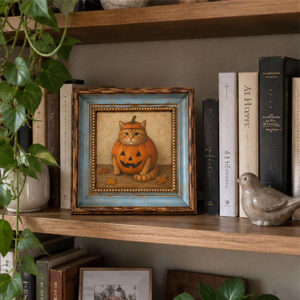 Orange Tabby Pumpkin Oil Painting – Halloween Cat Wall Art - Image 4