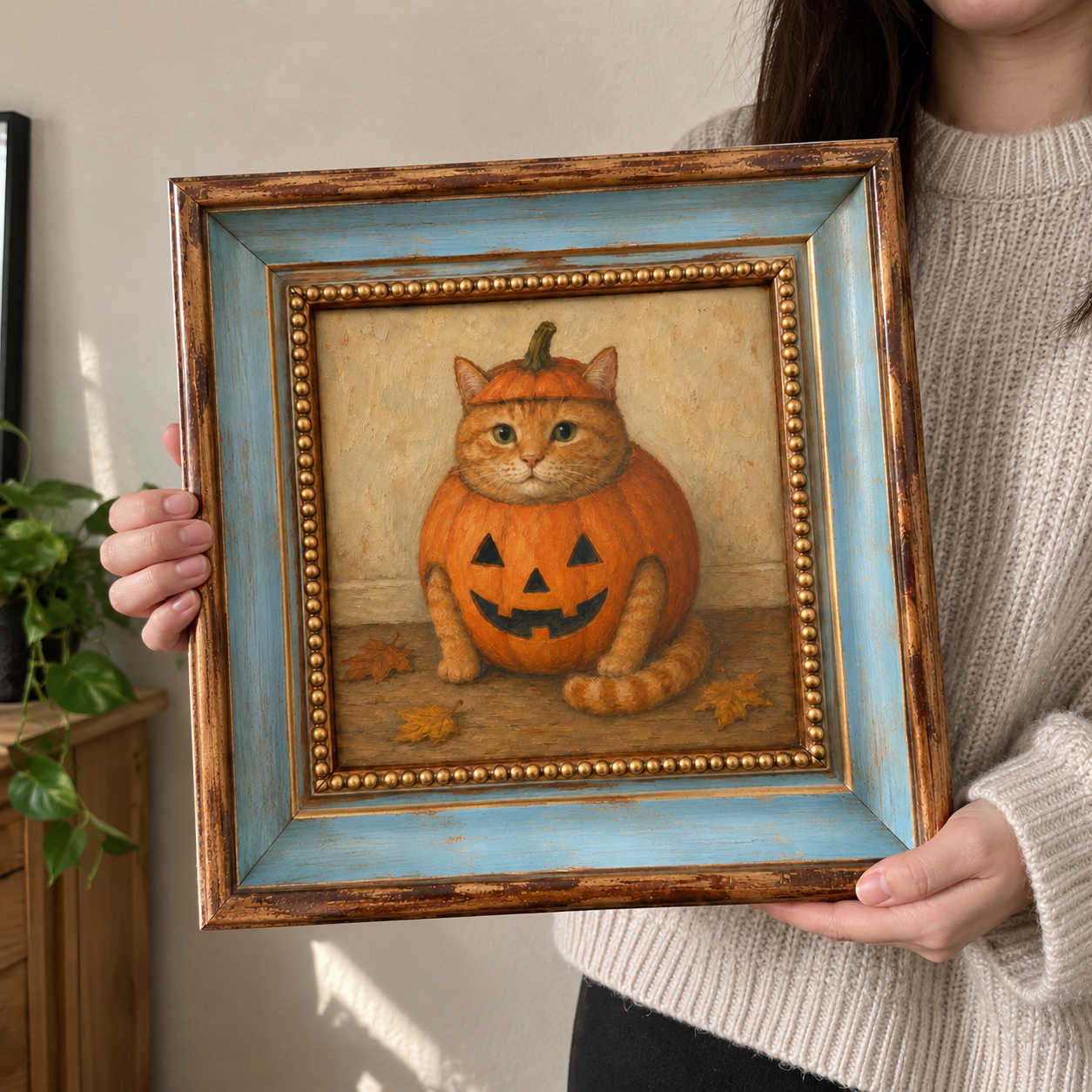 Orange Tabby Pumpkin Oil Painting – Halloween Cat Wall Art - Image 5