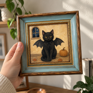 Black Cat Bat Wings Oil Painting – Gothic Halloween Wall Art