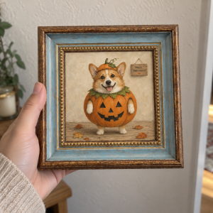 Corgi Pumpkin Costume Oil Painting – Halloween Dog Wall Art