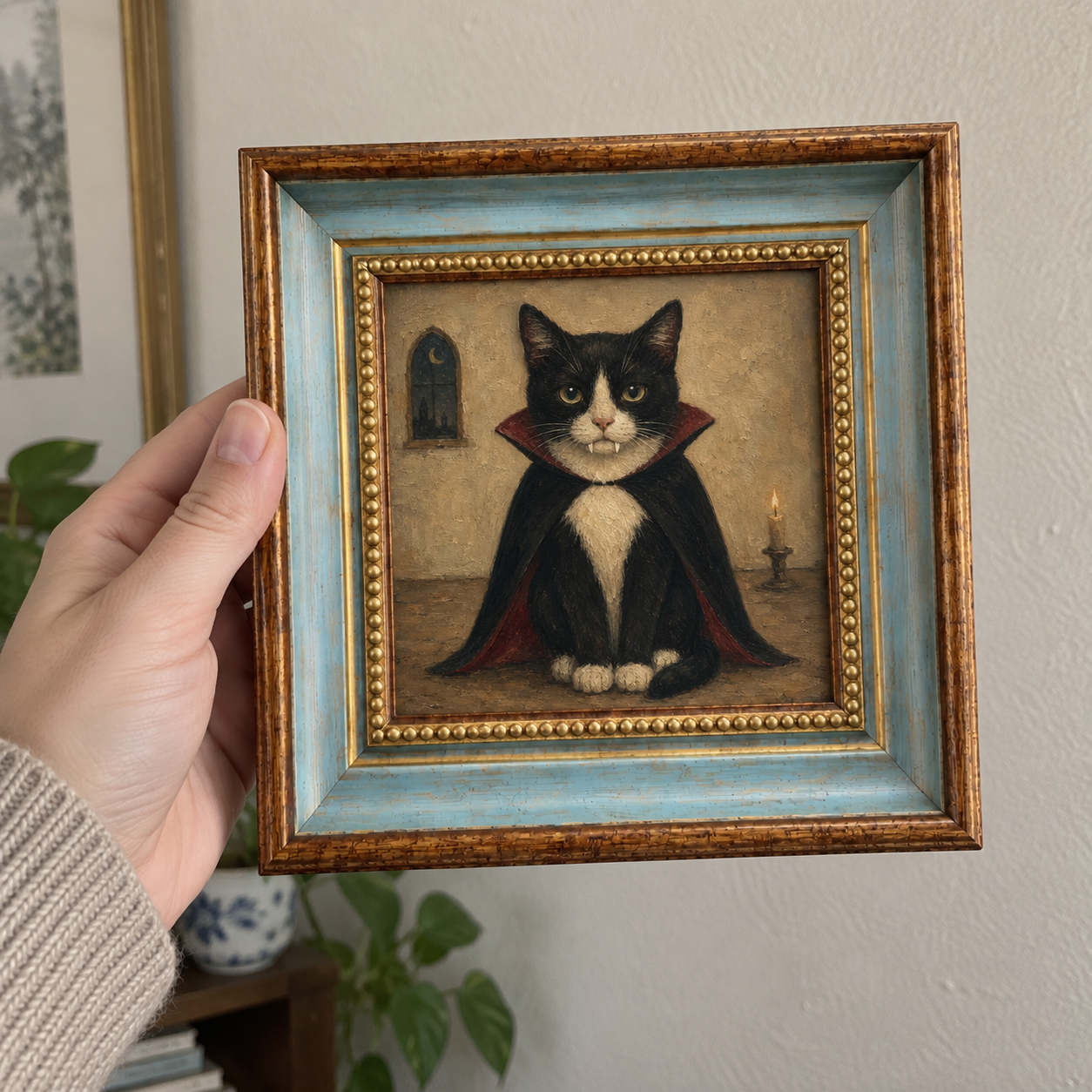 Tuxedo Cat Vampire Oil Painting – Gothic Halloween Wall Art