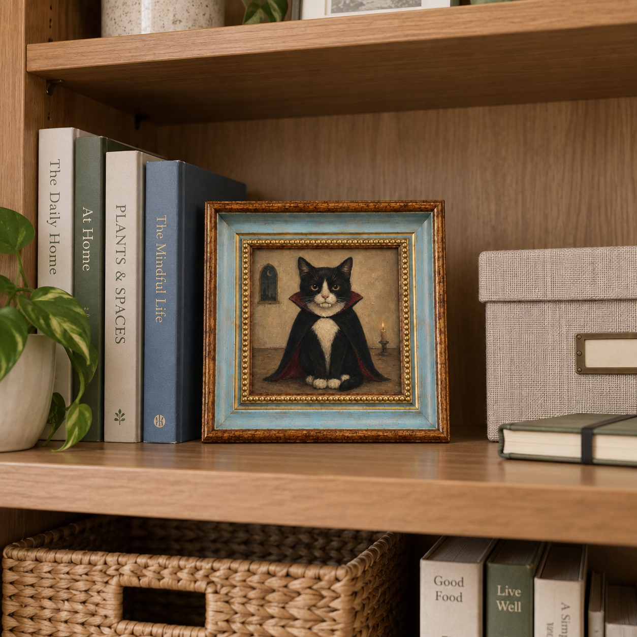 Tuxedo Cat Vampire Oil Painting – Gothic Halloween Wall Art - Image 3