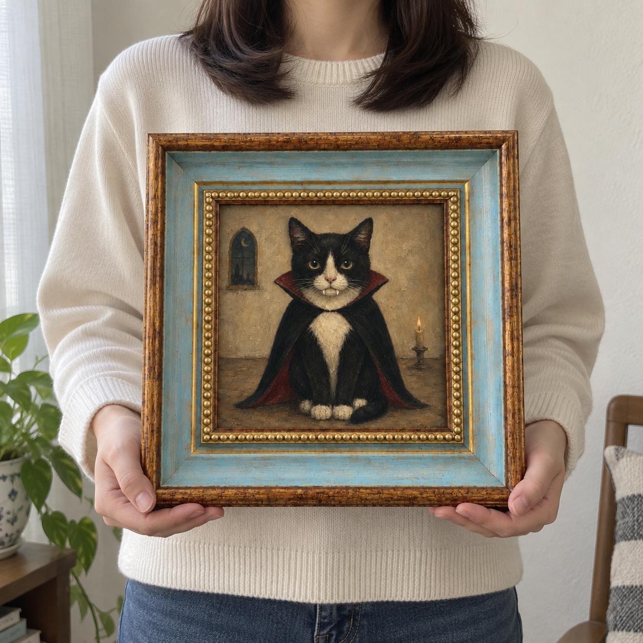 Tuxedo Cat Vampire Oil Painting – Gothic Halloween Wall Art - Image 6