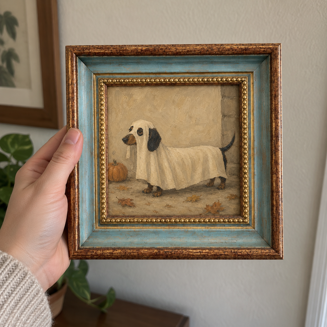 Dachshund Ghost Oil Painting – Halloween Wiener Dog Wall Art