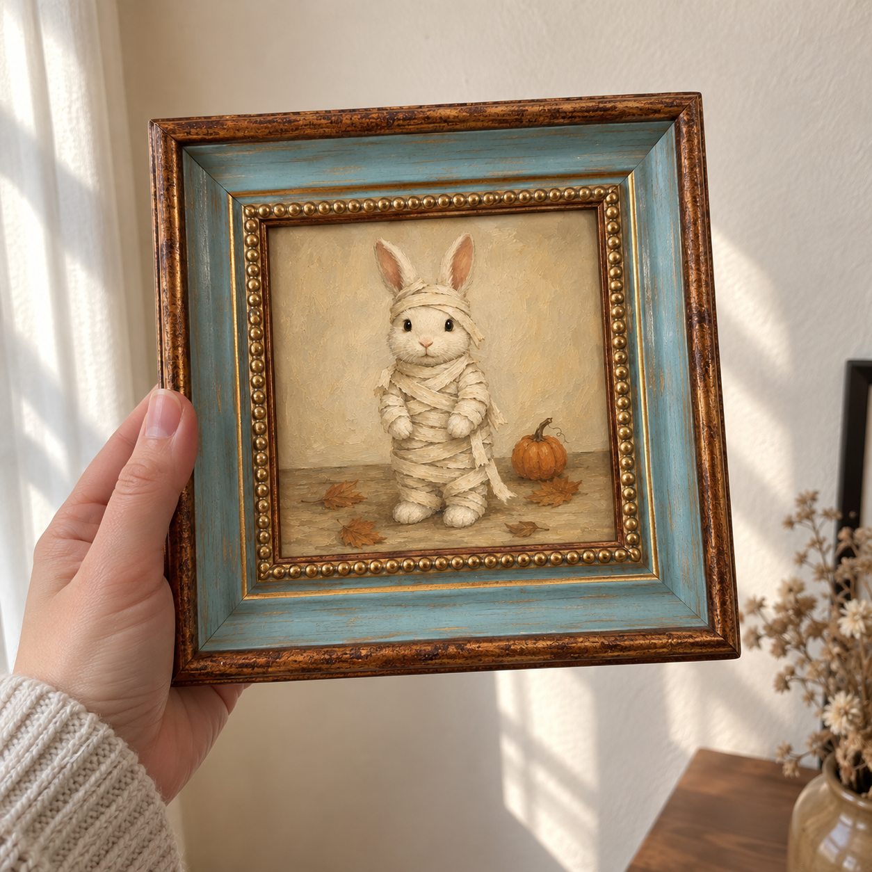 Mummy Rabbit Oil Painting – Halloween Bunny Wall Art