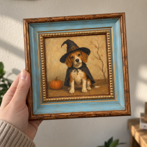 Beagle Witch Oil Painting – Halloween Dog and Pumpkin Art
