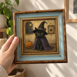 Black Cat Witch Oil Painting – Gothic Halloween Wall Art