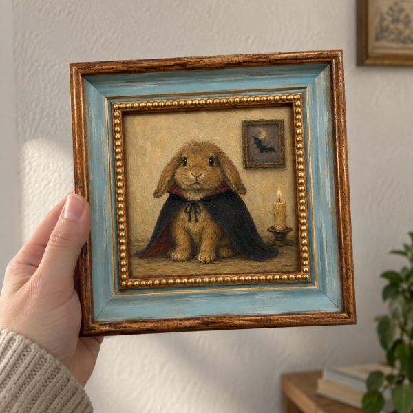 Framed oil painting of a lop-eared rabbit wearing a vampire cape, held in a hand.