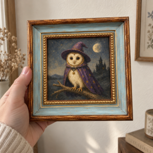 paw199-01 Framed oil painting of a barn owl wearing a purple witch hat and cape, held in a hand.