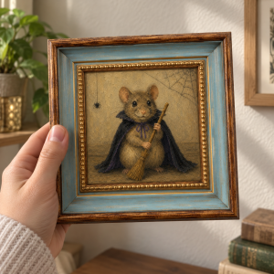 paw200-01 Framed oil painting of a mouse dressed as a witch holding a broom, held in a hand.