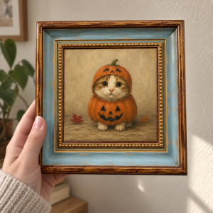 paw201-01 Framed oil painting of a tabby cat wearing a jack-o'-lantern pumpkin costume, held in a hand.