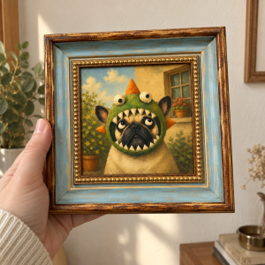 Framed oil painting of a French bulldog wearing a green monster costume, held in a hand.