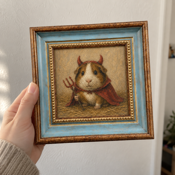 Framed oil painting of a guinea pig wearing a devil costume with a pitchfork, held in a hand.