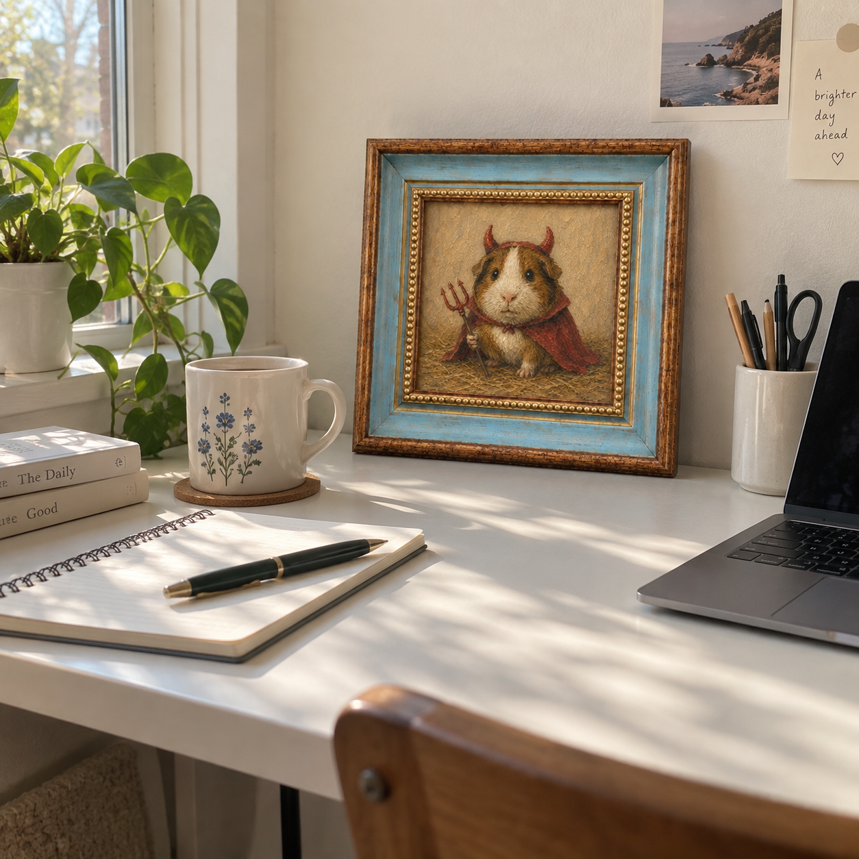 Framed oil painting of a guinea pig wearing a devil costume with a pitchfork, displayed on a white desk.