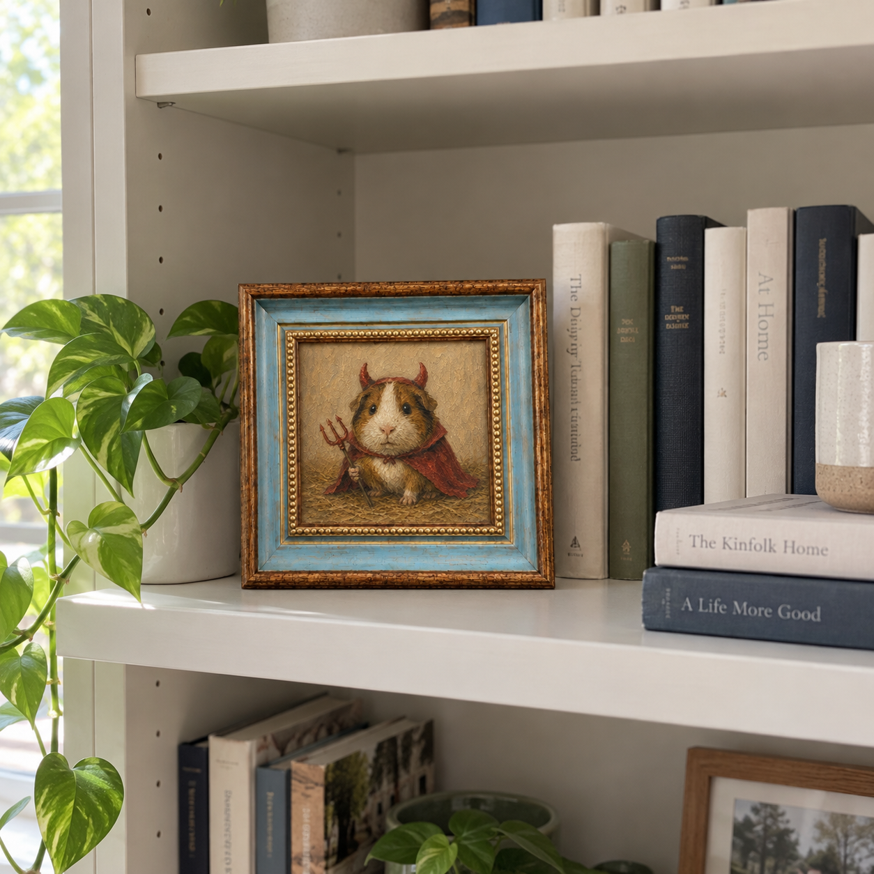 Framed oil painting of a guinea pig wearing a devil costume with a pitchfork, displayed on a bookshelf.