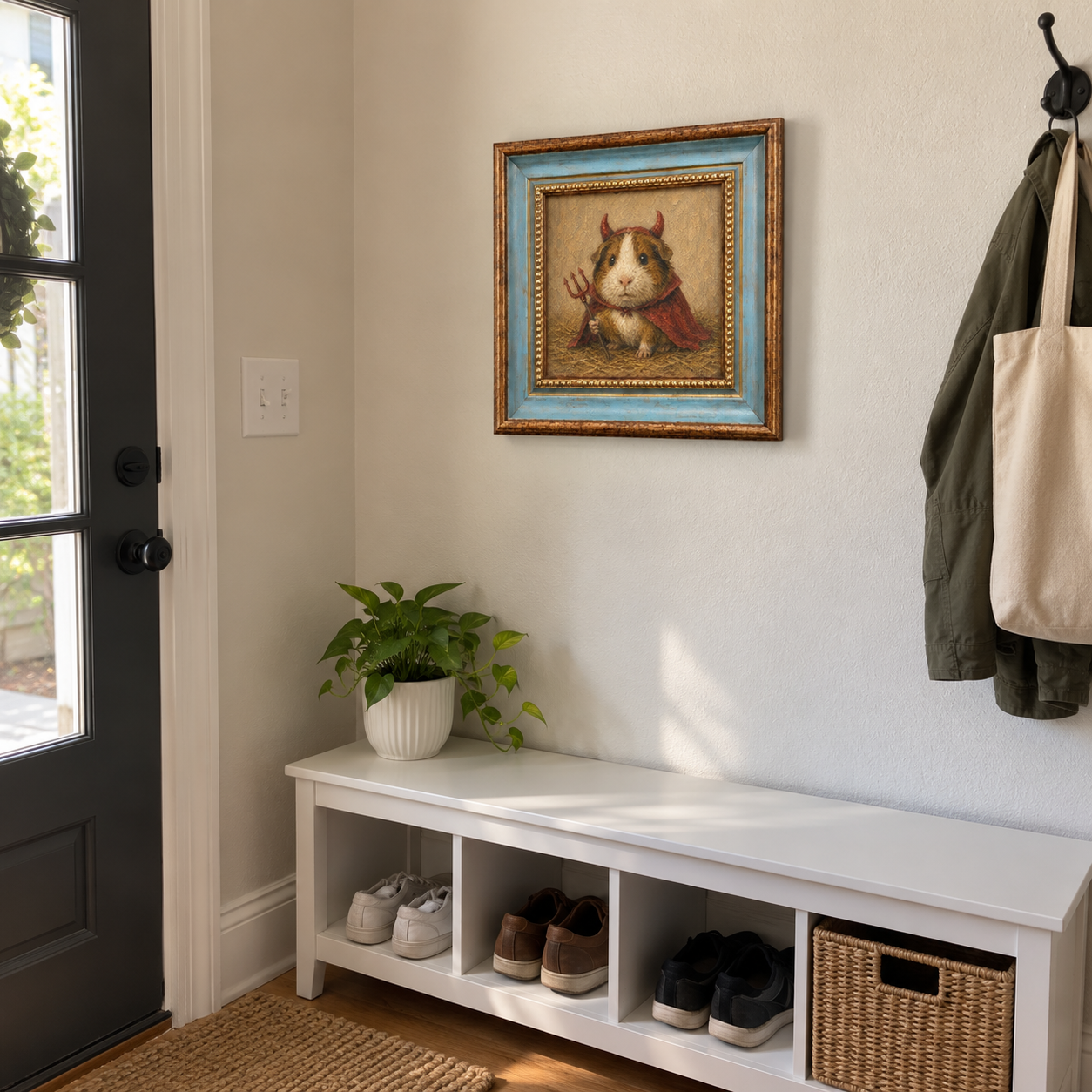 Framed oil painting of a guinea pig wearing a devil costume with a pitchfork, displayed on an entryway wall.