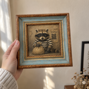 paw204-01 Framed oil painting of a raccoon wearing a striped prisoner costume, held in a hand.