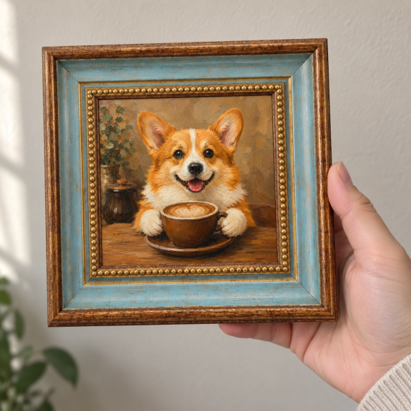 Framed oil painting of a Pembroke Welsh corgi with a cup of coffee, held in a hand.