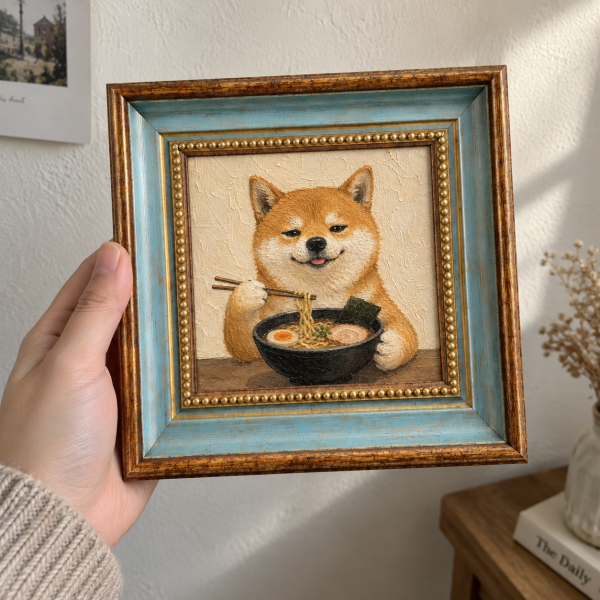 Framed oil painting of a Shiba Inu eating ramen, held in a hand.