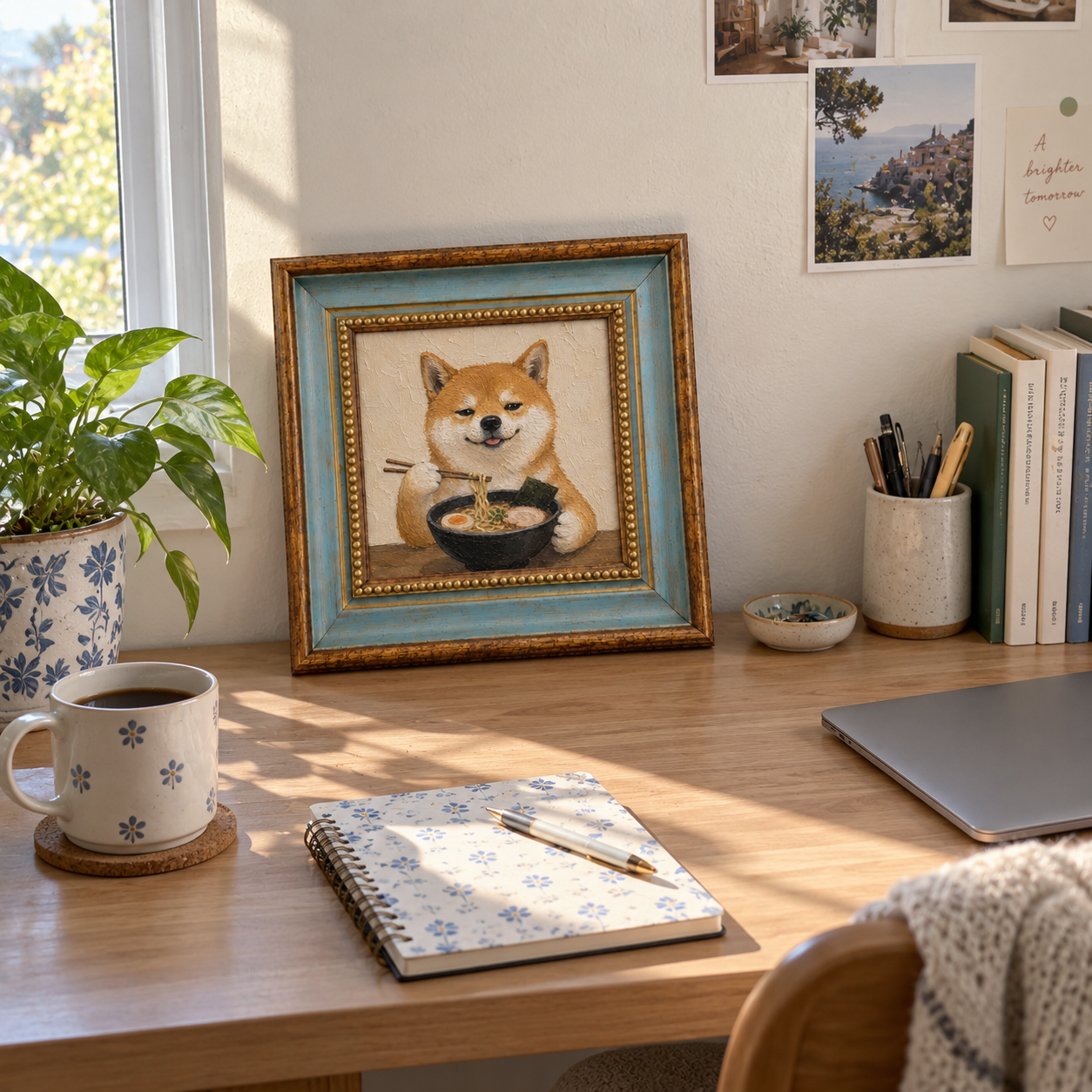 Framed oil painting of a Shiba Inu eating ramen, displayed on a wooden desk.