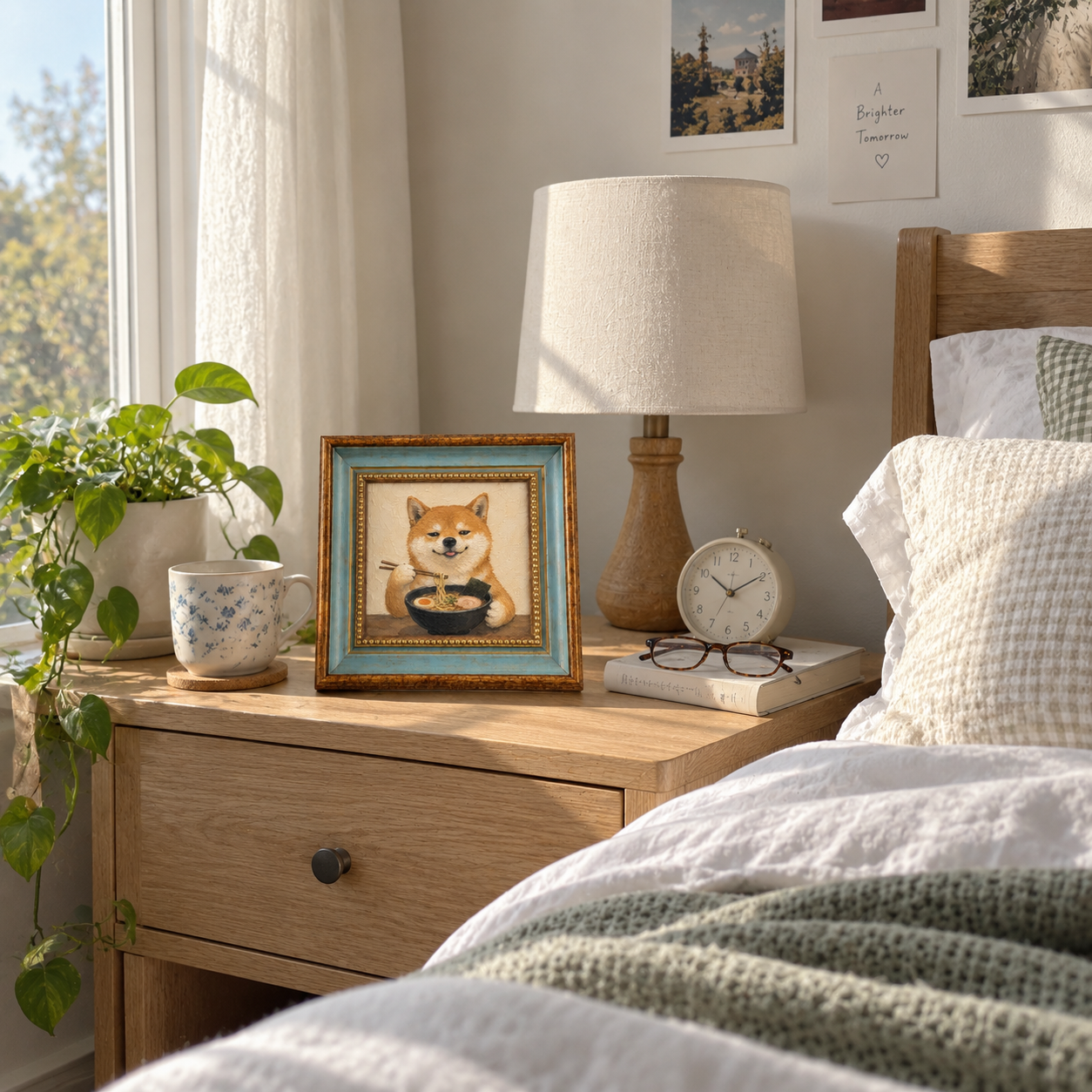 Framed oil painting of a Shiba Inu eating ramen, displayed on a bedside table.