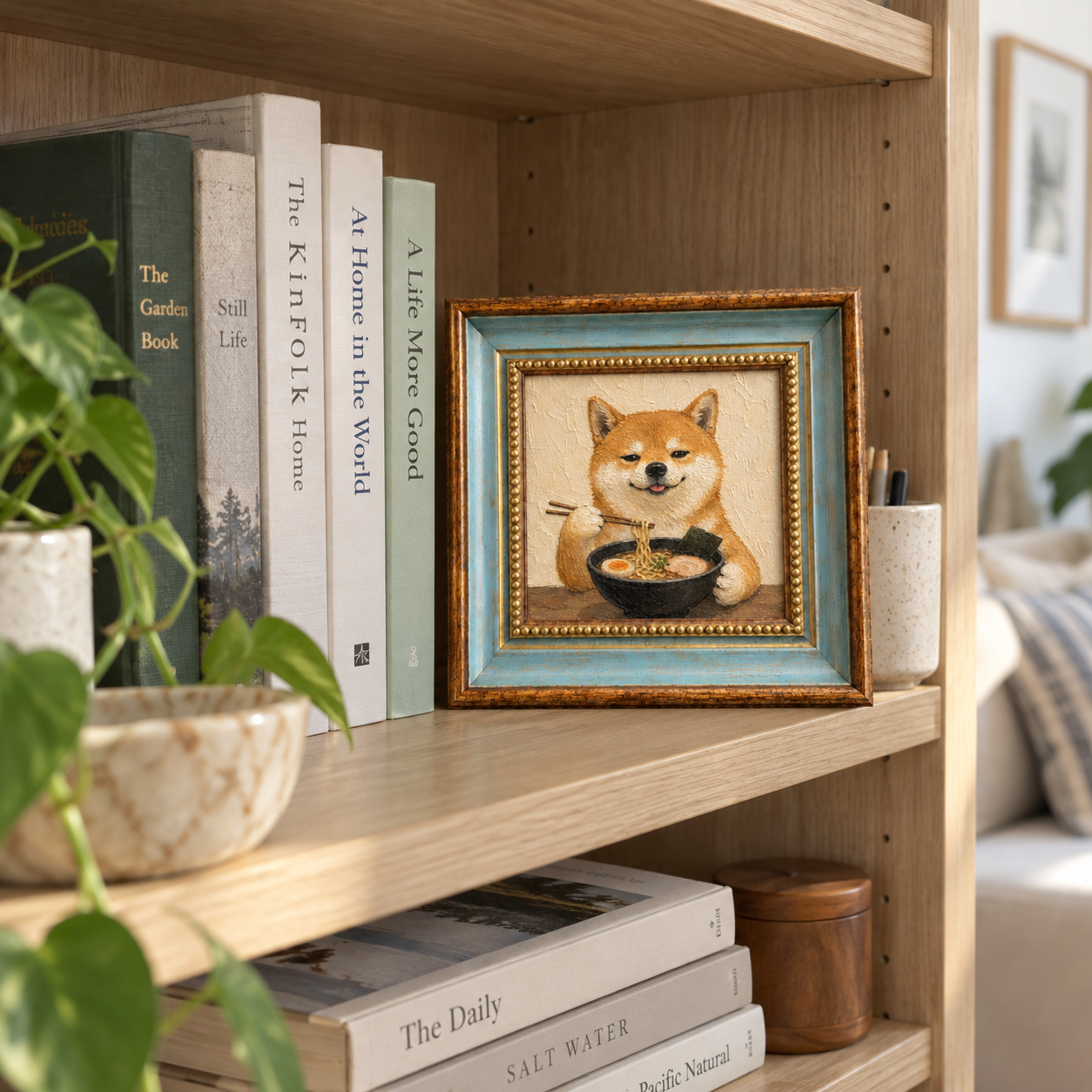 Framed oil painting of a Shiba Inu eating ramen, displayed on a bookshelf.