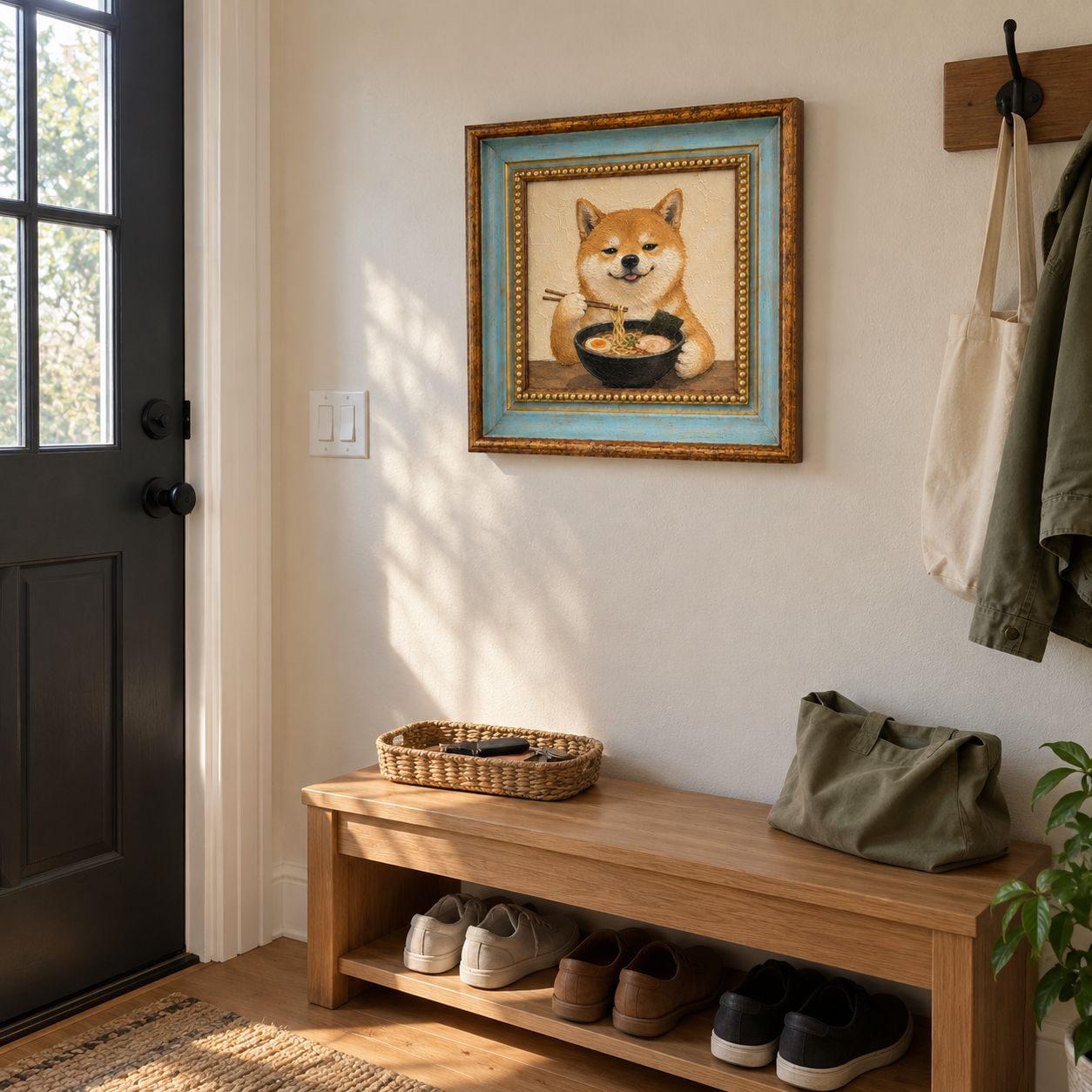 Framed oil painting of a Shiba Inu eating ramen, displayed on an entryway wall.