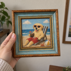 paw207-01 Framed oil painting of a yellow Labrador wearing sunglasses on a beach chair, held in a hand.