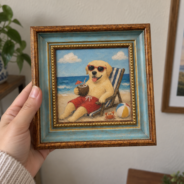 Framed oil painting of a yellow Labrador wearing sunglasses on a beach chair, held in a hand.