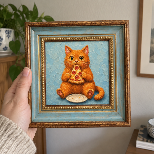 Framed oil painting of an orange tabby cat holding a slice of pizza, held in a hand.