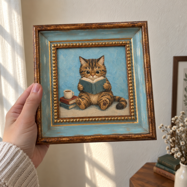 Framed oil painting of a tabby kitten reading a book, held in a hand.