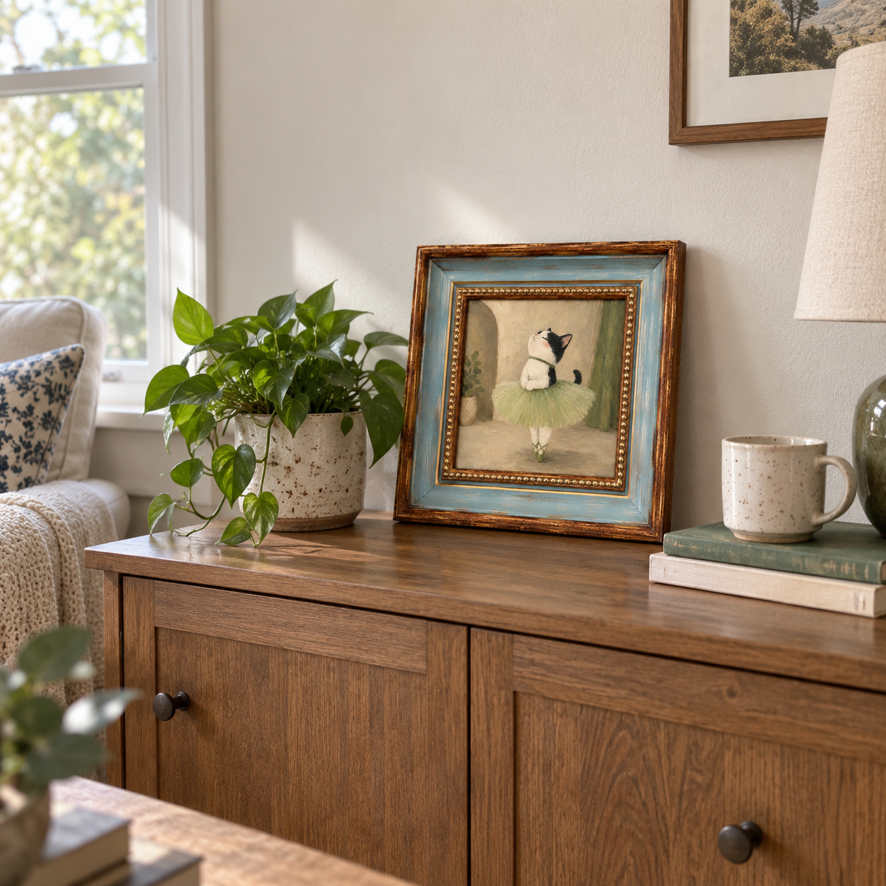 Framed oil painting of a tuxedo cat dressed as a ballerina, displayed on a wooden dresser.
