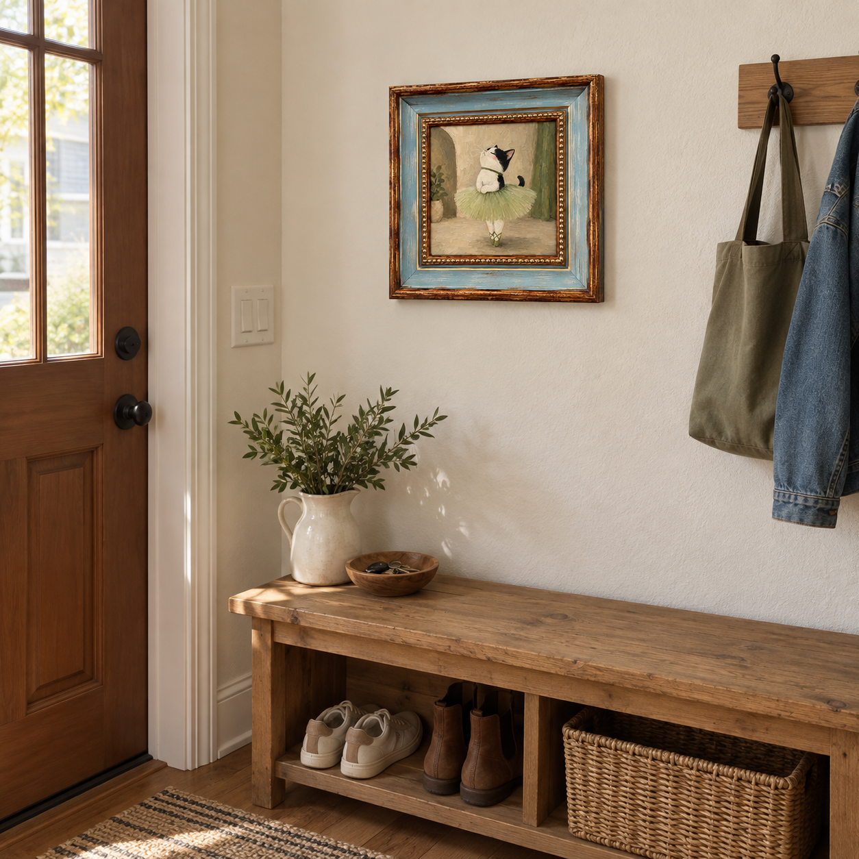 Framed oil painting of a tuxedo cat dressed as a ballerina, displayed on an entryway wall.